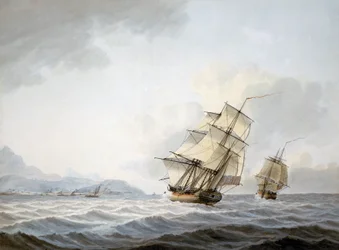 Statki "Resolution" i "Discovery" u wybrzeży Tahiti, podczas trzeciej podróży (1776-1780) kapitana Jamesa Cooka (1728-1779).
