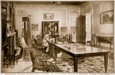 Kontrolowanie czternastu setek fabryk pocisków: Lloyd George, minister amunicji, przy pracy, 1914-19