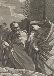 Ucieczka do Egiptu, Dziewica niosąca Dzieciątko Chrystusa, Józef wskazujący na..., ok. godz. 1635-57.