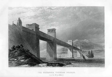 Most rurowy Britannia nad cieśniną Menai, Walia, 1886 r.
