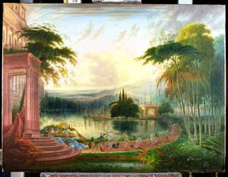 Pejzaż romantyczny z przybyciem królowej Saby, ok. 1830 (olej na płótnie)