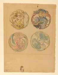 Rysunek, studia nad kwiatami (cztery projekty okrągłych ornamentów), 1880-90
