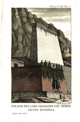 Mieszkanie Tessaling Lamy z budowlą religijną zwaną Kugopea. Ilustracja autorstwa porucznika Samuela Davisa Od kapitana Samuela Turnera (1759-1802) Relacja z ambasady przy dworze lamy Teshoo w Tybecie z 1800 r. Miedzioryt autorstwa Dell