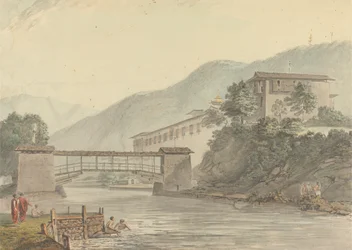 Widok na Tashichoedzong, Bhutan i Foot Bridge