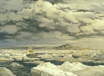 Pierwsze dostrzeżenie lądu przez HMS Investigator, 6 września 1850, rytowane przez E. Walkera, 1854