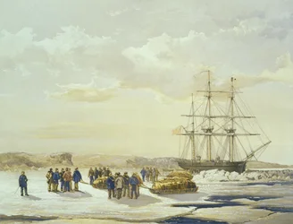 Impreza saneczkowa opuszczająca H.M.S. Investigator in Mercy Bay, 15 kwietnia 1853, rycina E. Walker, wyd. Ackermann und Co., 1854