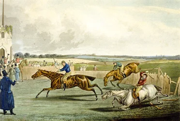 Forth Mile, z Steeplechasing, grawerowane przez Charlesa Hunta (1829-1900) (kolor lito)