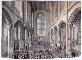 Vista, da extremidade leste, do interior da Abadia de Bath, com polimento congregacional