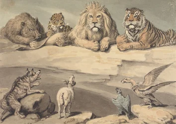 Dzik, lampart, lew, tygrys, wilk, baran i dwa orły