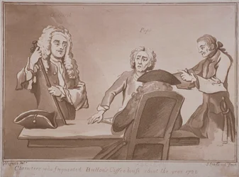 Czterech mężczyzn wokół stołu w kawiarni Buttona przy Russell Street, Westminster, ok. 1720 (akwatinta)