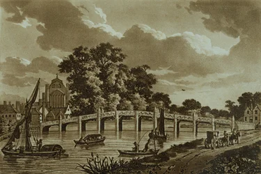 Hampton Court Bridge, ilustracja z „Malowniczych widoków na Tamizę”, wyd. 1799 (akwaforta, akwatinta)