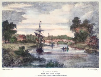 Stourport-on-Severn, Worcestershire, znad mostu, ok. 1795.
