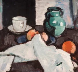 Martwa natura z miską owoców, dzbankiem, filiżanką i spodkiem, 1927-29.