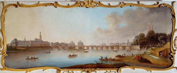 Widok na Frankfurt City Panorama z Frankfurtu nad Menem w Niemczech. Obraz Samuela Munda (1724-1794) XVIII-wieczny Frankfurt, muzeum historyczne