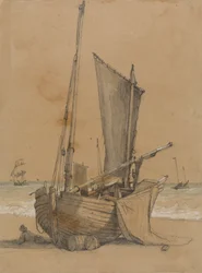 Barco de pesca na praia com um Brig em Seapolish
