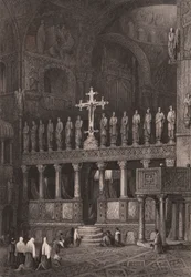 Ikonostas w Bazylice św. Marka (Basilica di San Marco), Wenecja, Veneto, Włochy, staloryt według rysunku Samuela Prouta (1783-1852), ok. 15x11,5 cm
