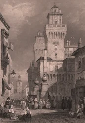 Widok Castello Estense, Ferrara, Emilia-Romania, Włochy, staloryt Johna Godfreya (ok. 1817-1889) według rysunku Samuela Prouta (1783-1852), ok. 26x17 cm, wydany przez Blackie and Son