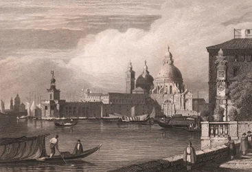 Widok na Canal Grande (Canal Grande) z Punta della Dogana i Bazyliką Santa Maria della Salute w tle, Wenecja, Veneto, Włochy, staloryt według rysunku Samuela Prouta (1783-1852), około 15x11,5 cm