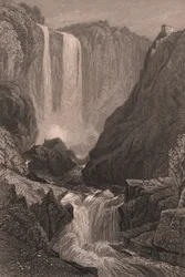 Widok wodospadu Marmore (Cascata delle Marmore) w pobliżu Terni, Umbria, Włochy, staloryt według rysunku Samuela Prouta (1783-1852), ok. 15x11,5 cm