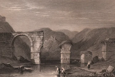 Widok rzymskich ruin mostu Augusta (Ponte di Augusto) nad rzeką Nera, Narni, Umbria, Włochy, staloryt według rysunku Samuela Prouta (1783-1852), około 15x11,5 cm