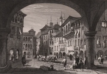 Widok rynku w Domodossola, Piemont, Włochy, staloryt na podstawie rysunku Samuela Prouta (1783-1852), ok. 16x11 cm