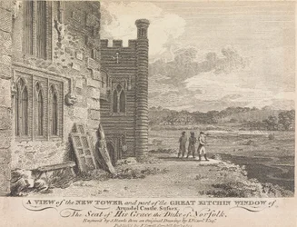 A View of the New Tower i część Great Kitchin Window of Arundel Castle, Sussex (opublikowane przez J. Sewell); strona 13 (tom pierwszy)