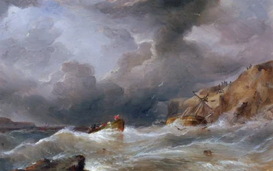 Łódź zatonęła na skalistym wybrzeżu, z łodzią ratunkową pełną rozbitków. Olej na płótnie autorstwa Samuela Waltersa (1811-1882).