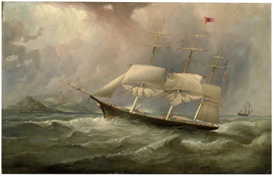 Clipper Black Ball Line Ocean Chief redukujący żagiel na swoim australijskim biegu, ok. 1853 r