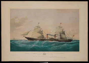 Statek parowy Royal Mail Persia... Kapitan C H E Jodkins (Inward Bound, off the Skerries) Brytyjskiemu i północnoamerykańskiemu Royal Mail Steam Packet Company ten druk jest z całym szacunkiem dedykowany (litografia, kolorowana)