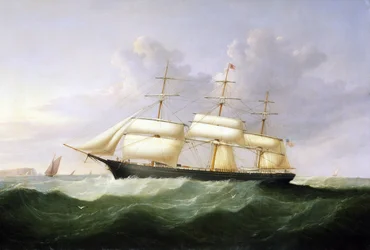 Statek "Palestine", z pełnymi żaglami, noszący banderę Stanów Zjednoczonych (USA) Ameryki, zbudowany w 1854 r., przeznaczony do transportu pasażerskiego na linii transatlantyckiej