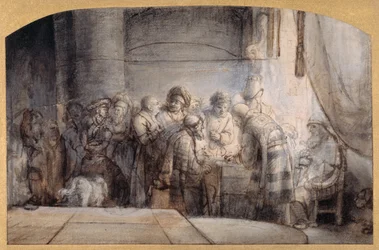 Judasz otrzymujący trzydzieści srebrników, ok. 1640 (pióro i atrament na czerwonej kredzie, na praniu na papierze)
