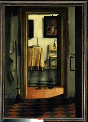 Pantofle. Wnętrze domu w Holandii - Obraz Samuela Hoogstratena (1626-1678), szkoła flamandzka, XVII wiek, 1,03 x 0,70 m, Paryż, Musée du Louvre