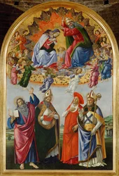 Koronacja Matki Boskiej z szesnastoma aniołami i świętymi: Janem Ewangelistą, Augustynem, Hieronimem i Eligiuszem