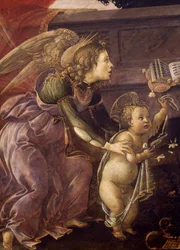 Madonna z Dzieciątkiem z Trzema Aniołami (Madonna del Padiglione), fragment anioła z Chrystusem