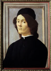 Portret młodego dżentelmena o melancholijnym spojrzeniu, ubranego na czarno. XV wiek. Wymiary 0,57 x 0,39 m