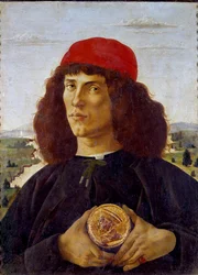 Portret nieznanego mężczyzny trzymającego medal Cosimo de Medici (Cosimo de Medici). Obraz Alessandro di Mariano de Philippi autorstwa Sandro Botticellego (1445-1510). Tempera na płótnie, 57,5 ​​x 44 cm
