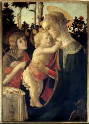 Matka Boska i Dzieciątko Jezus z młodym świętym Janem Chrzcicielem jako dzieckiem. Obraz Alessandra di Mariano dei Filipepi, zwanego Sandro Botticelli (1445-1510). XV wiek. 0,90 x 0,67 m - Matka Boska, Dzieciątko Jezus i święty Jan Chrzciciel jako