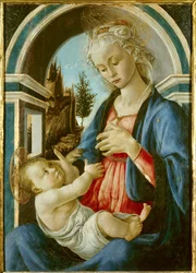 Obraz Matki Boskiej i Dziecka autorstwa Sandro Botticellego (Filipepi) (1445-1510). 1467. Słońce 72x51m. Awinion, Musee du Peinture Palais