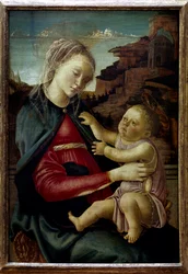 Dziewica z Dzieciątkiem zwana Madonną Guidi z Faenzy Obraz Alessandro di Mariano dei Filipepi dit Sandro Botticelli (1445-1510) XV-wieczne Słońce. 0,73x0,49 m Paryż, Musee du Louvre