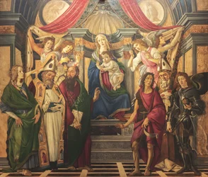 Ołtarz, panel główny: Madonna na tronie, cztery anioły i święci