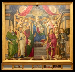 Ołtarz, panel główny: Madonna na tronie, cztery anioły i święci