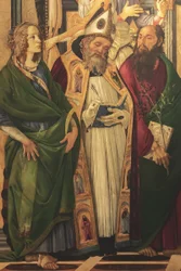 Ołtarz, panel główny: Madonna na tronie, cztery anioły i święci