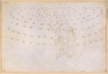 „Boska komedia”, „Raj”, XXIII. Ósma sfera (niebo gwiazd stałych): wizja triumfu Chrystusa; Dante widzi Beatrycze w jej prawdziwej postaci; taniec Maryi i dwunastu apostołów