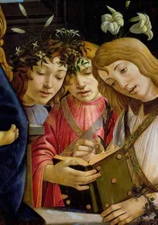 Maryja z Dzieciątkiem, Janem Chrzcicielem i aniołami. Szczegół. Około 1490