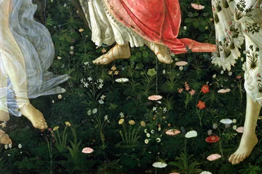 Primavera: detal kwiatów tempera na panelu