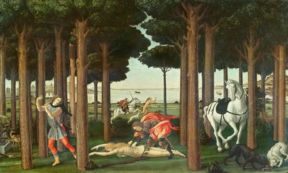 Wypatroszenie ściganej kobiety: scena II z Historii Nastagia degli Onesti, około 1483