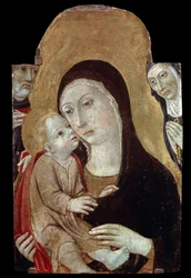 Dziewica z Dzieciątkiem ze świętymi. Obraz Sano di Pietro (1406-1481). Tempera na drewnie, 43 x 27 cm. Szkoła w Sienie, włoska sztuka gotycka. Muzeum Sztuk Pięknych im. Puszkina w Moskwie. © FineArtImage/Leemage