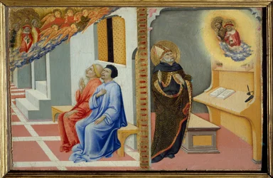 Św. Augustyn z Hippony szczegół „”Scena z życia Św. Hieronima: objawienie Św. Hieronima i Św. Jana Chrzciciela Św. Augustynowi z Hippony i Św. Hieronima Św. Obraz na drewnie autorstwa Sano di Pietro (1406-1