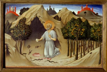 Scena z życia św. Hieronima: „Pokuta św. Hieronima” Obraz Sano di Pietro (1406-1481) XV wiek. Słońce 0,23x0,36 m