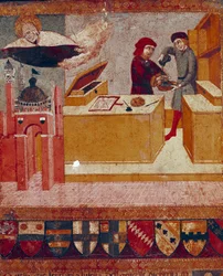Kamerlingwista symbolicznie myje ręce, podczas gdy życzliwa i opiekuńcza Dziewica przelatuje nad miastem Siena Detail. Obraz na drewnie autorstwa Sano di Pietro (1406-1481) zdobiący Biccherna (okładka księgi rachunkowej miasta Siena) 1451.